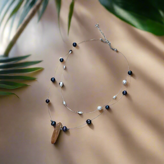 Layered Pearl Necklace - Freshwater Pearls & Amber Quartz Crystal Statement Piece ✨- Handmade Boho Style