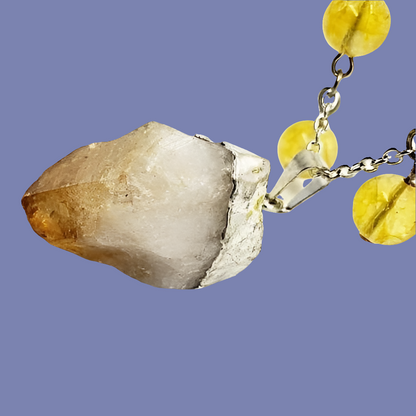 Citrine Raw Nugget Pendant Necklace - Silver Chain & Black Faux Leather Rope - Manifestation Power Handmade Jewelry