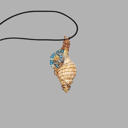 Copper Wrapped Banded Tulip Seashell  Handmade Pendant Blue-Green Color-Glass beads-Beach Boho