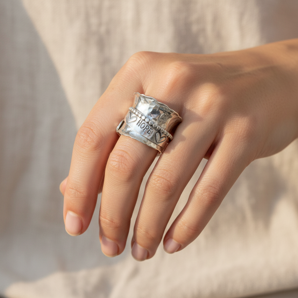 Hope Spinner Ring | Handcrafted .925 Sterling Silver Hammered  Ring with Hearts & Arrow - SoFlo Boho Boutique