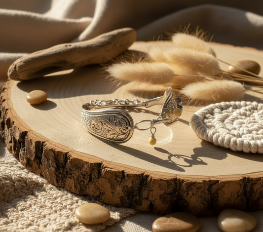 Vintage silver spoon bracelet with aquamarine, amethyst and yellow jasper gemstones and beaded charm dangle