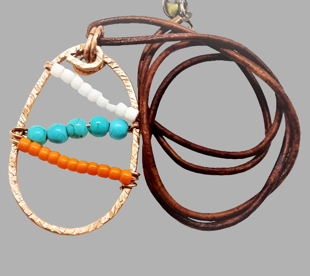 Sporty Copper  Handmade Pendant Necklace Beaded  and Wrapped - Sporty Colors