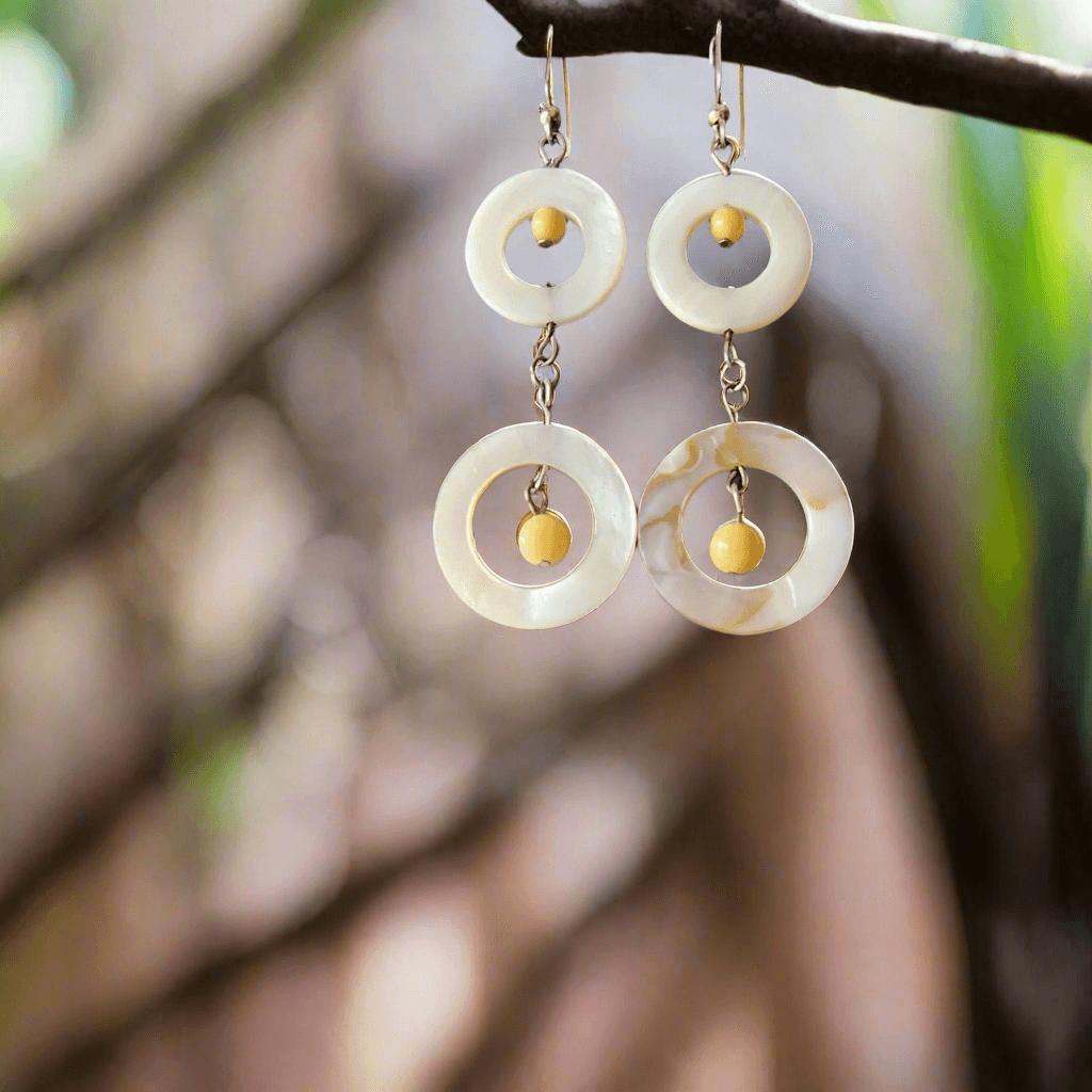 Natural & Dyed Mother of Pearl Earrings with Yellow Jasper Beads | S-Style, 3” Long Handmade Earrings