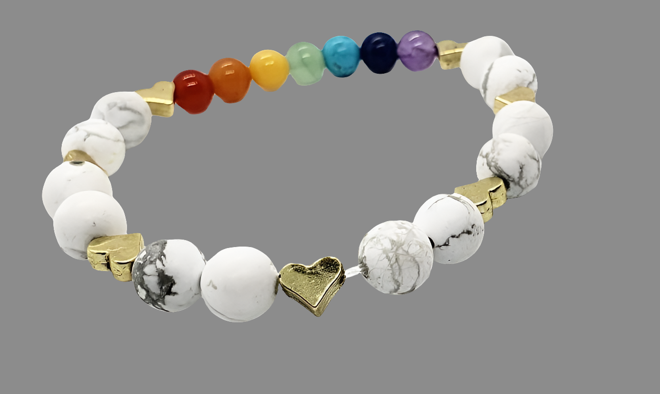 Handmade Chakra Stretch Bracelet with White Howlite & Gold Heart Spacers – Natural Gemstones