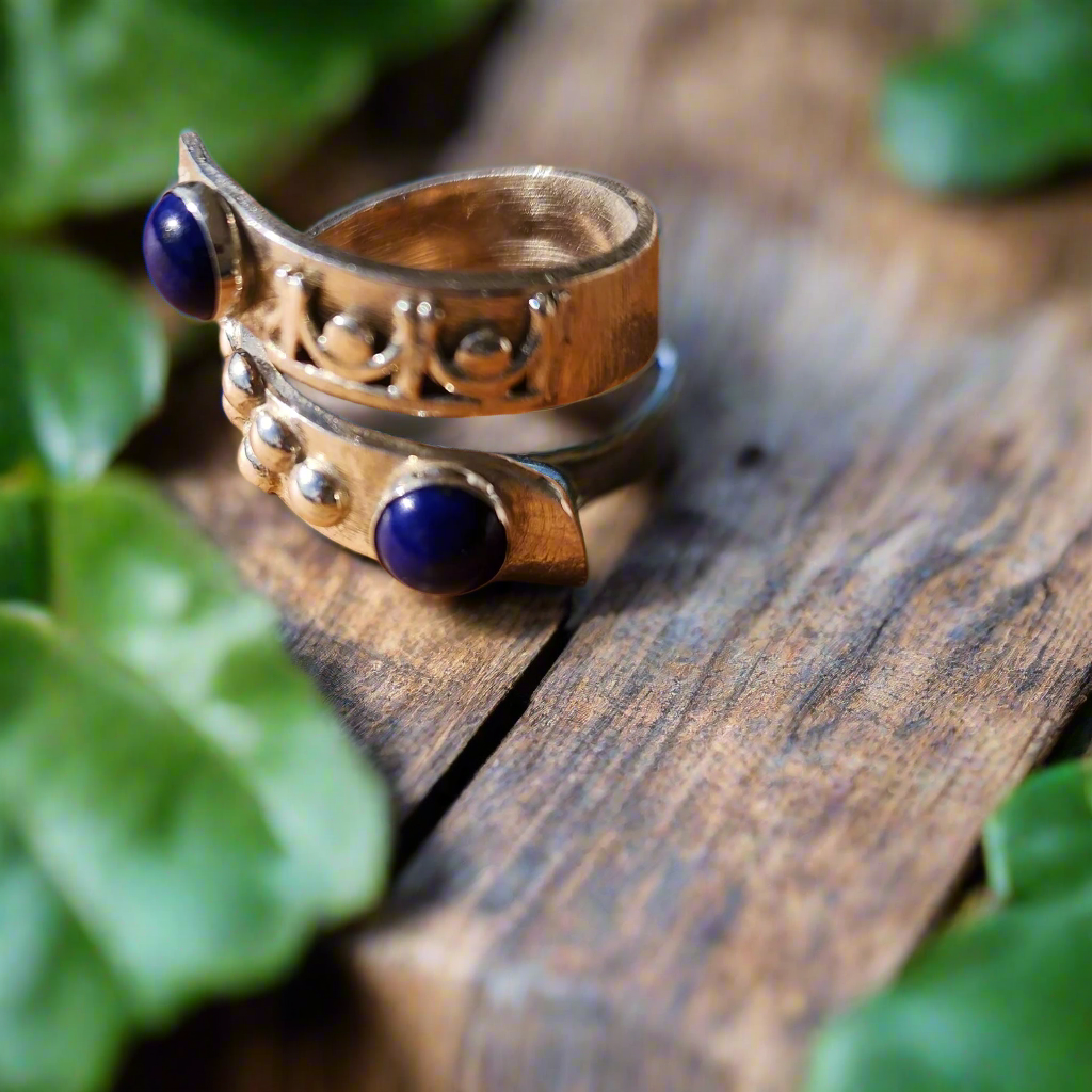 Handmade Sterling Silver Bypass Ring with Lapis Lazuli Cabochon | Boho Jewelry