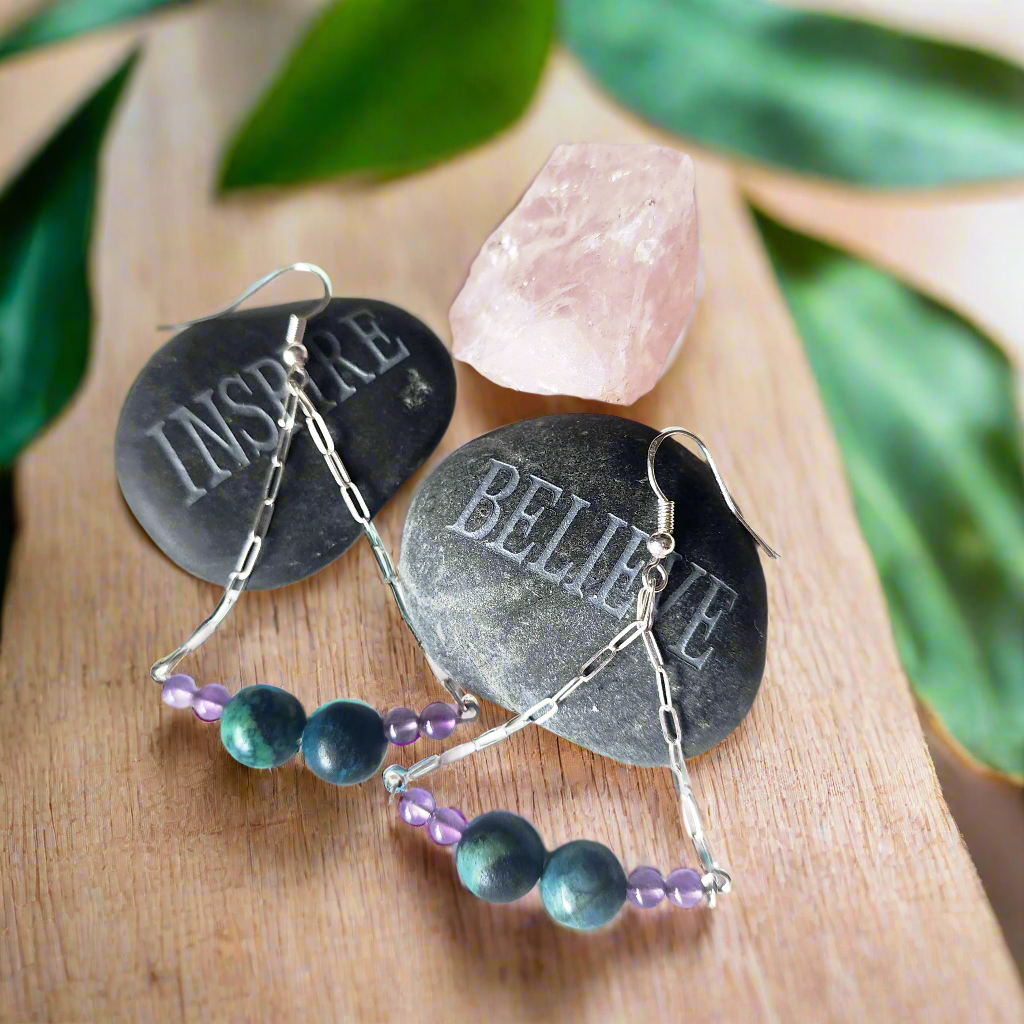 Handmade Sterling Silver Boho Earrings with Azurite Malachite & Amethyst Beads