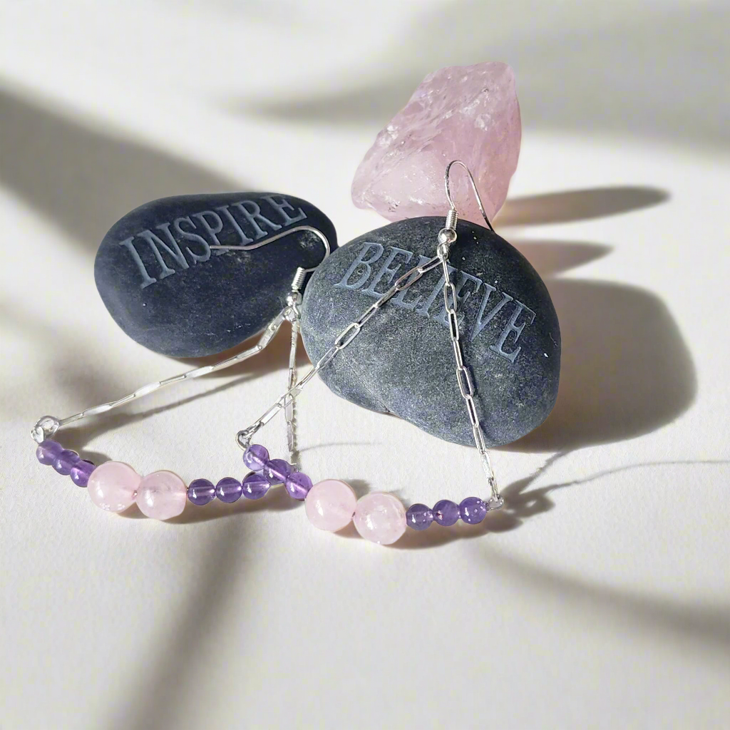 Handmade Sterling Silver Boho Earrings with Rose Quartz & Amethyst Beads | Love & Harmony Jewelry