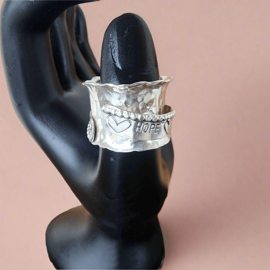 Hope Spinner Ring | Handcrafted .925 Sterling Silver Hammered Bypass Ring with Hearts & Arrow - SoFlo Boho Boutique