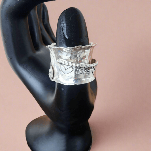 Hope Spinner Ring | Handcrafted .925 Sterling Silver Hammered Bypass Ring with Hearts & Arrow - SoFlo Boho Boutique