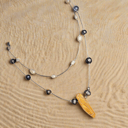 Layered Pearl Necklace - Freshwater Pearls & Amber Quartz Crystal Statement Piece ✨- Handmade Boho Style