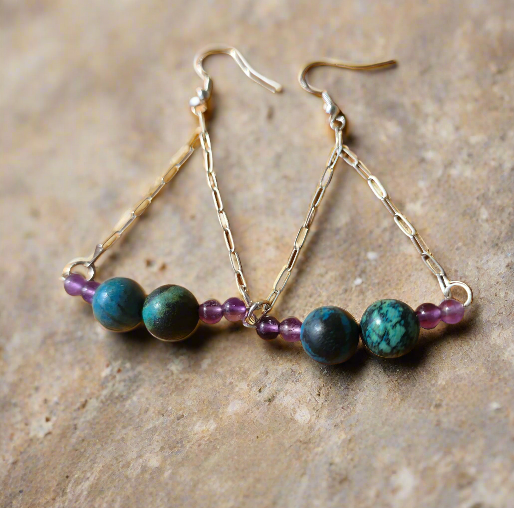 Handmade Sterling Silver Boho Earrings with Azurite Malachite & Amethyst Beads