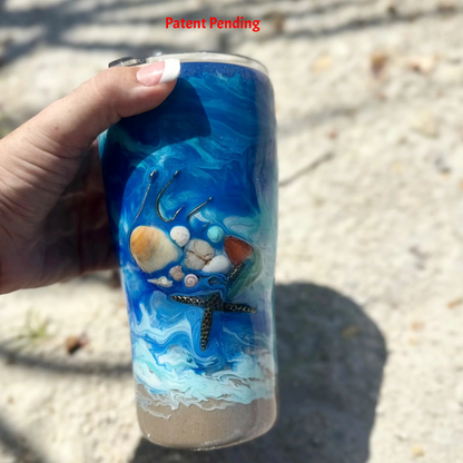 Blue ocean Hook & Tumble™ 20oz tumbler close up, real fishing hooks seashells starfish howlite sea glass, shimmer finish, Patent Pending