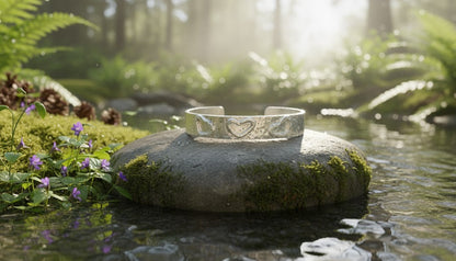 Handmade Sterling Silver 925 Cuff Bracelet with Hammered Texture & Forged Hearts