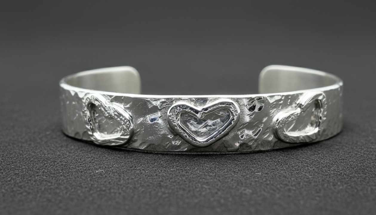 Handmade Sterling Silver 925 Cuff Bracelet with Hammered Texture & Forged Hearts