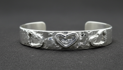 Handmade Sterling Silver 925 Cuff Bracelet with Hammered Texture & Forged Hearts