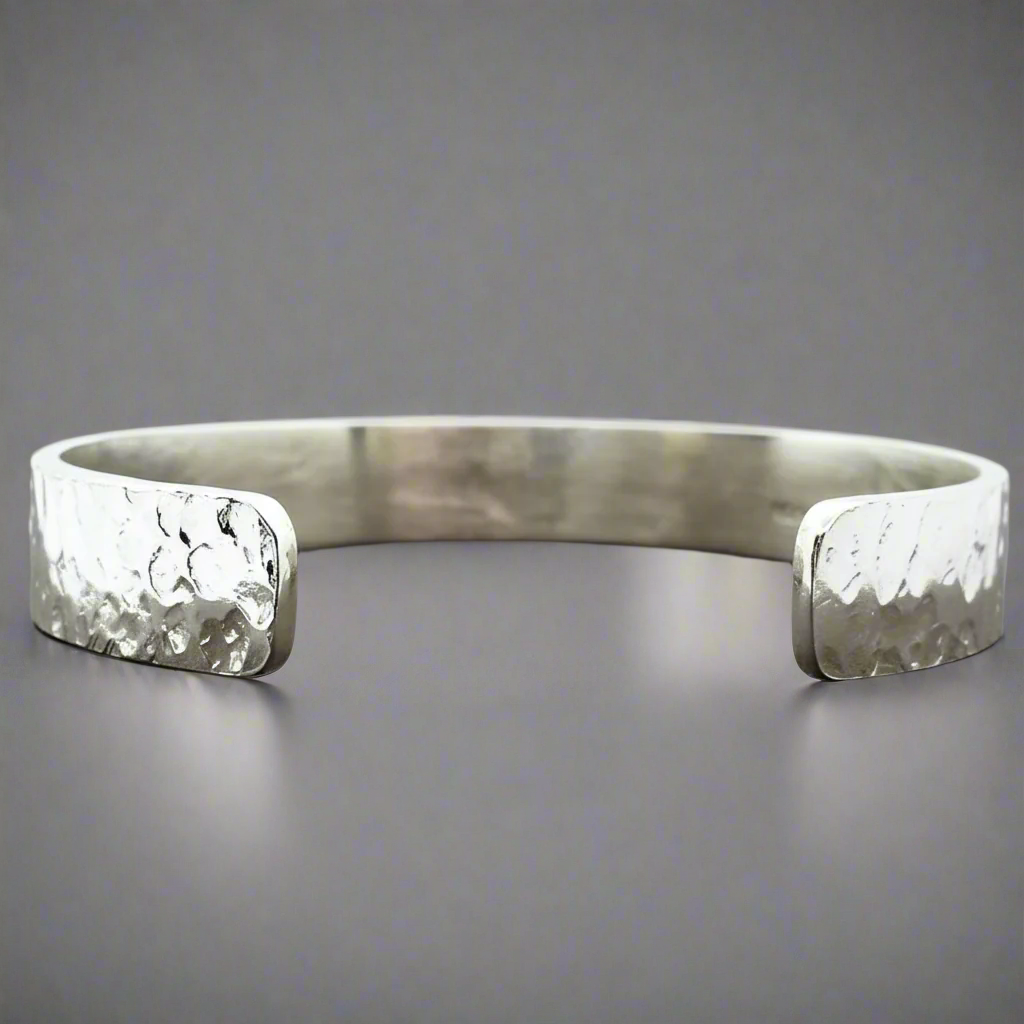 Handmade Sterling Silver 925 Cuff Bracelet with Hammered Texture & Forged Hearts