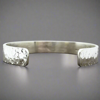 Handmade Sterling Silver 925 Cuff Bracelet with Hammered Texture & Forged Hearts
