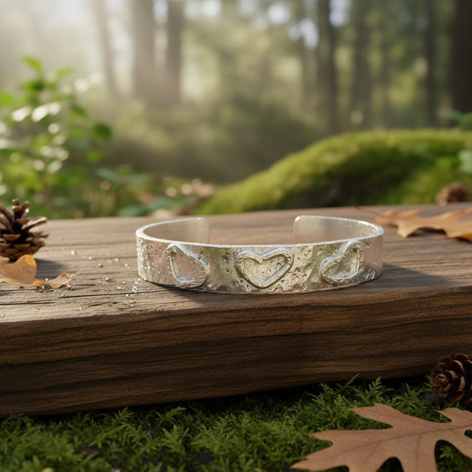 Handmade Sterling Silver 925 Cuff Bracelet with Hammered Texture & Forged Hearts