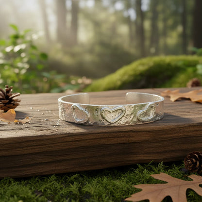 Handmade Sterling Silver 925 Cuff Bracelet with Hammered Texture & Forged Hearts