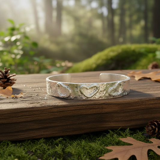 Handmade Sterling Silver 925 Cuff Bracelet with Hammered Texture & Forged Hearts