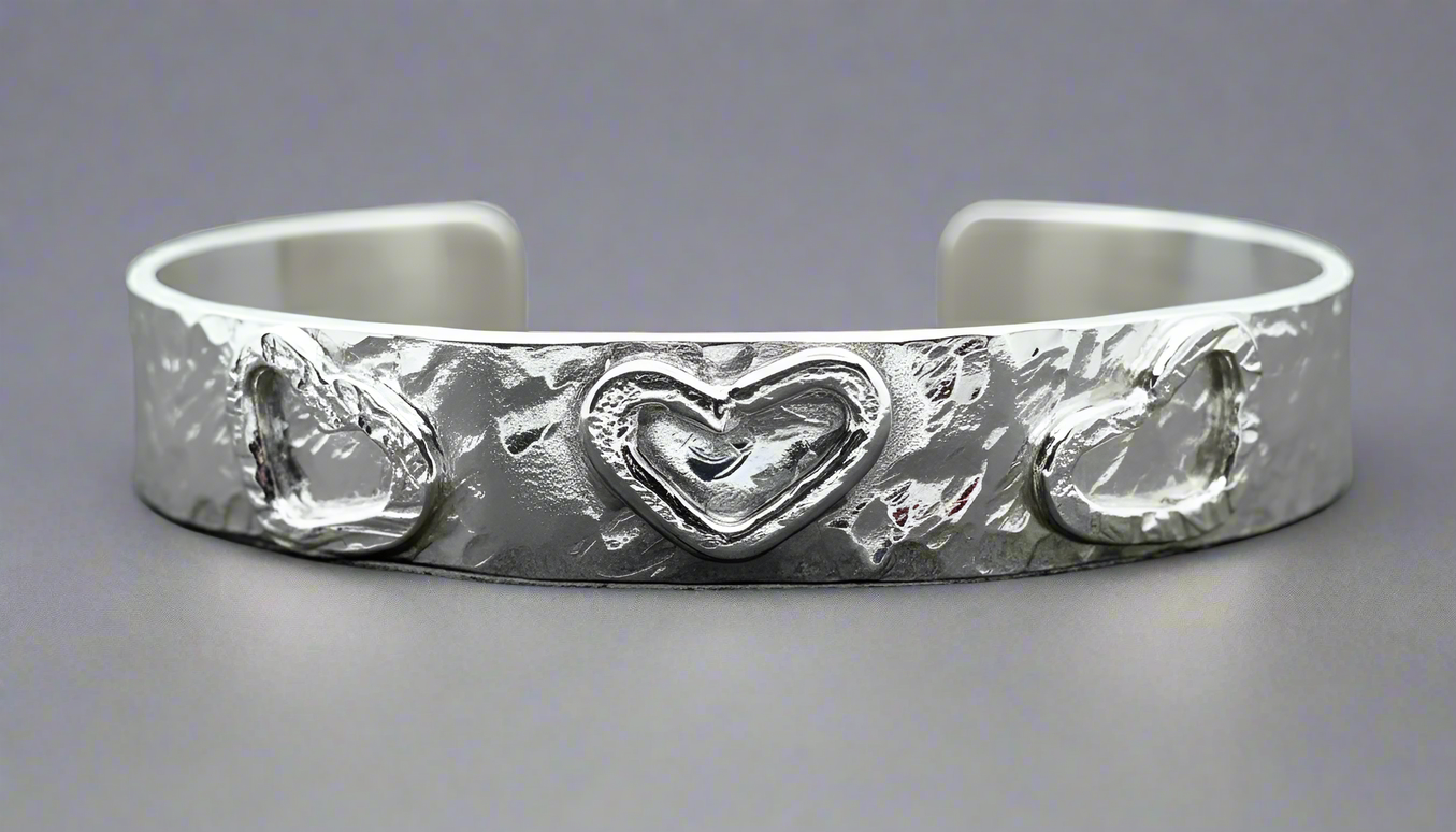 Handmade Sterling Silver 925 Cuff Bracelet with Hammered Texture & Forged Hearts