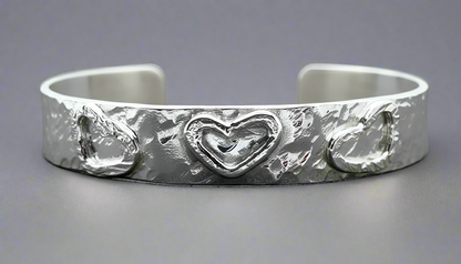 Handmade Sterling Silver 925 Cuff Bracelet with Hammered Texture & Forged Hearts