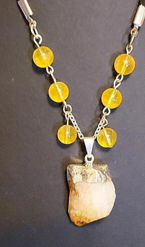 Raw Citrine Nugget Handmade Pendant With Citrine Gemstone Beads - Boho Style