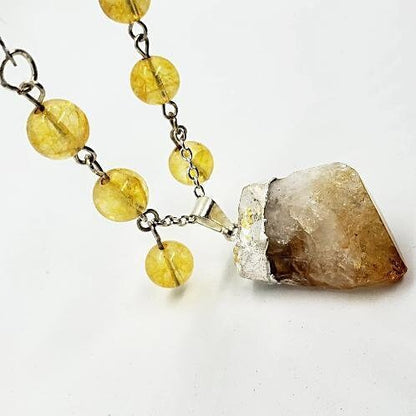 Raw Citrine Nugget Handmade Pendant With Citrine Gemstone Beads - Boho Style