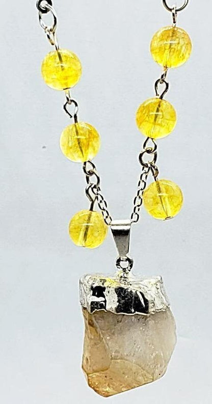 Raw Citrine Nugget Handmade Pendant With Citrine Gemstone Beads - Boho Style