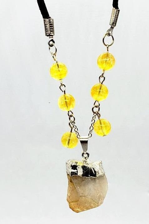 Raw Citrine Nugget Handmade Pendant With Citrine Gemstone Beads - Boho Style