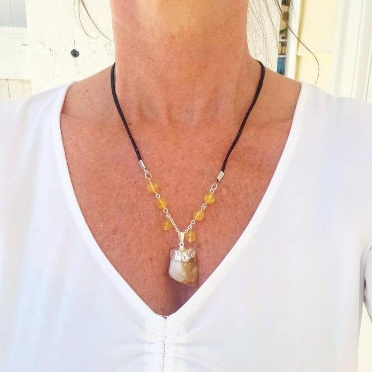 Raw Citrine Nugget Handmade Pendant With Citrine Gemstone Beads - Boho Style