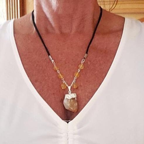 Raw Citrine Nugget Handmade Pendant With Citrine Gemstone Beads - Boho Style