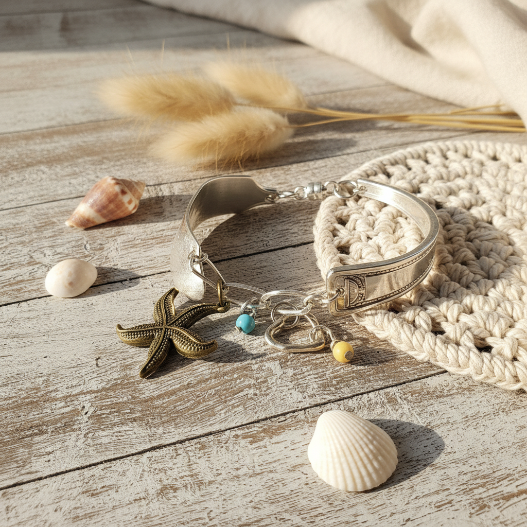 Vintage Sterling Silver Flatware Bracelet with Starfish & Turquoise Howlite - Handmade Jewelry