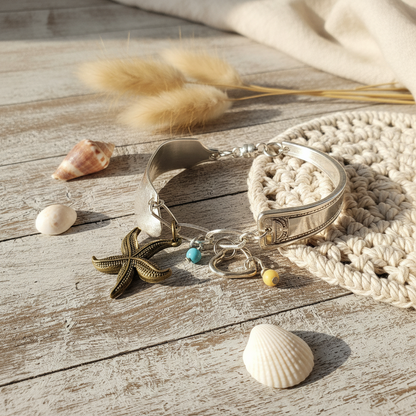 Vintage Sterling Silver Flatware Bracelet with Starfish & Turquoise Howlite - Handmade Jewelry