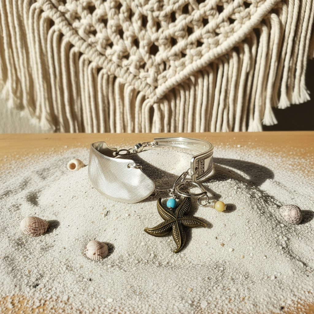 Vintage Sterling Silver Flatware Bracelet with Starfish & Turquoise Howlite - Handmade Jewelry