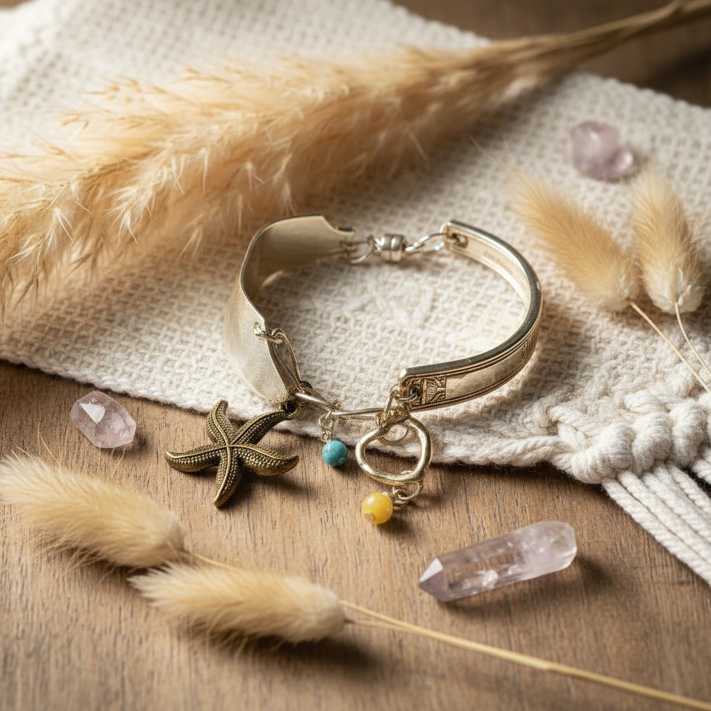 Vintage Sterling Silver Flatware Bracelet with Starfish & Turquoise Howlite - Handmade Jewelry