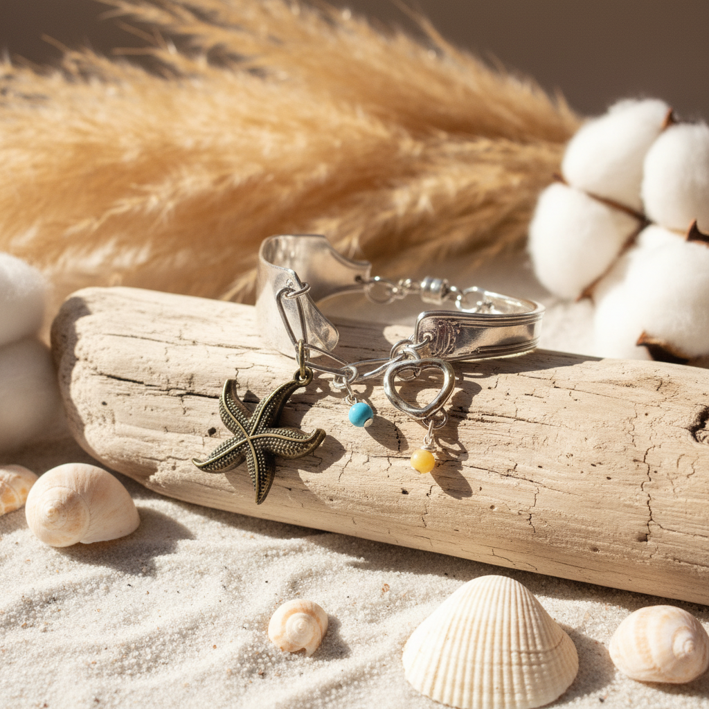 Silver bracelet with starfish charm on a wooden log surrounded by seashells and pampas grass.