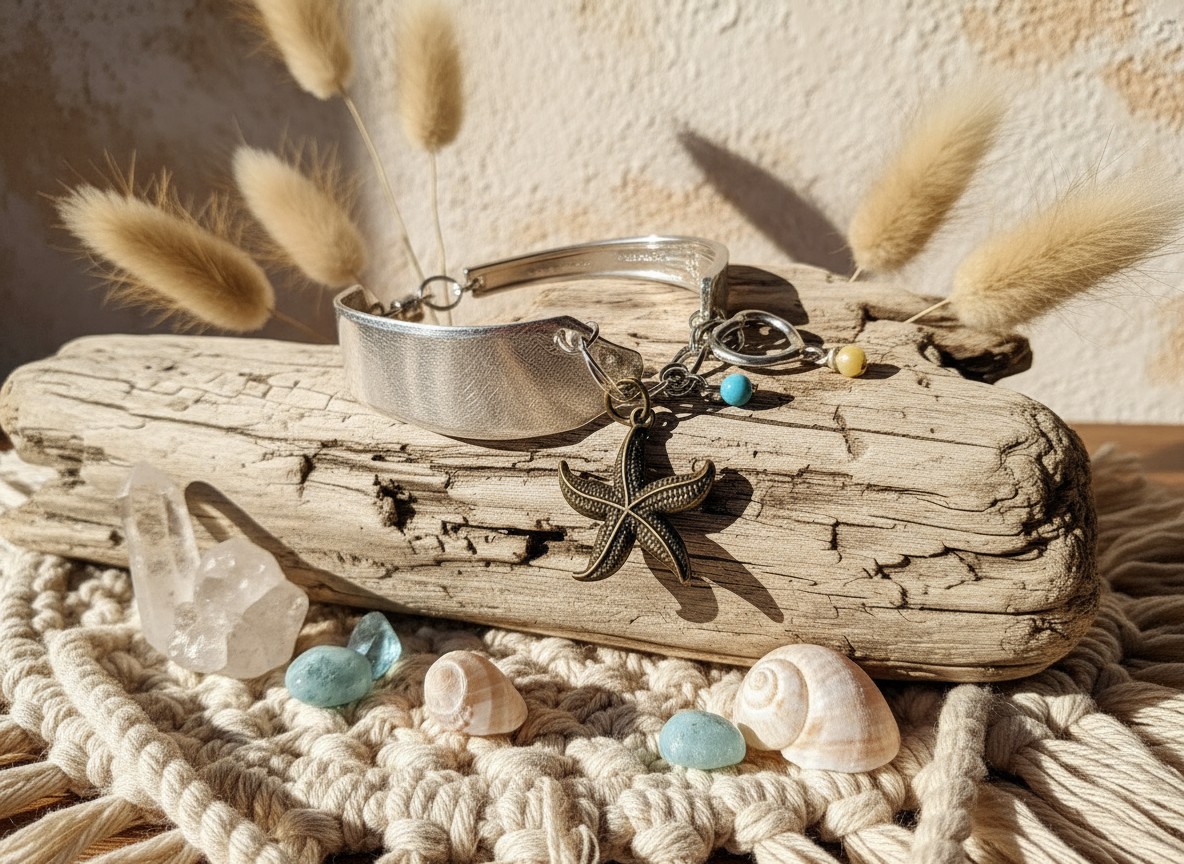 Jewelry set with starfish charm on a piece of driftwood with shells and crystals.