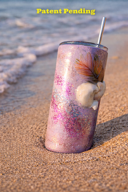 lavender coastal cowgirl tumbler with seashells and feathers