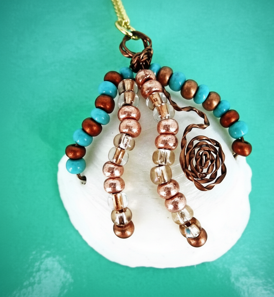 Handmade White Lucina Seashell Pendant with Vintage Bronze Wire & Glass Beads on Gold-Plated Necklace - Bead Beach Boho
