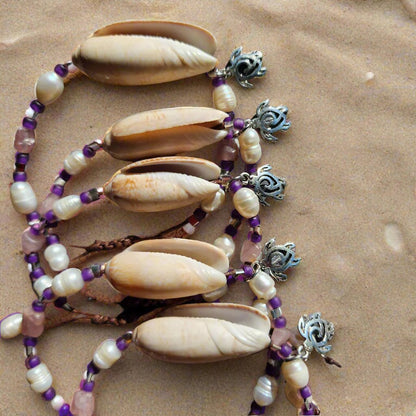 Beach wedding shell bracelet set – natural Olive shells with pink and purple gemstone beads and pearl accents