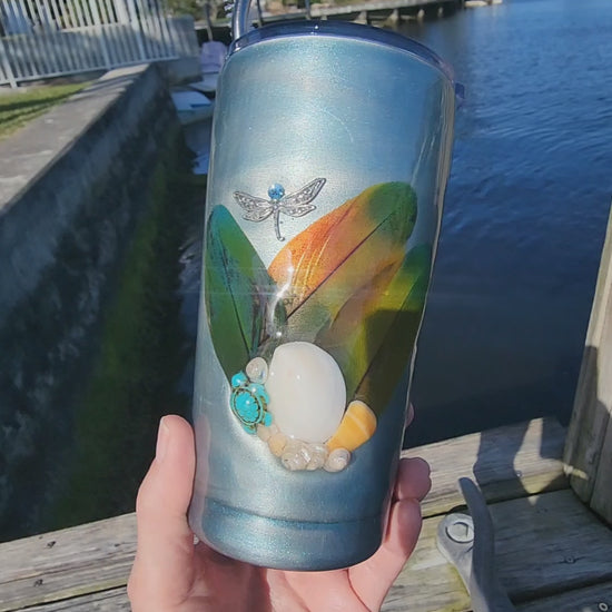 Handmade teal seashell tumbler with feathers and turtle accent, coastal cowgirl 20oz drinkware