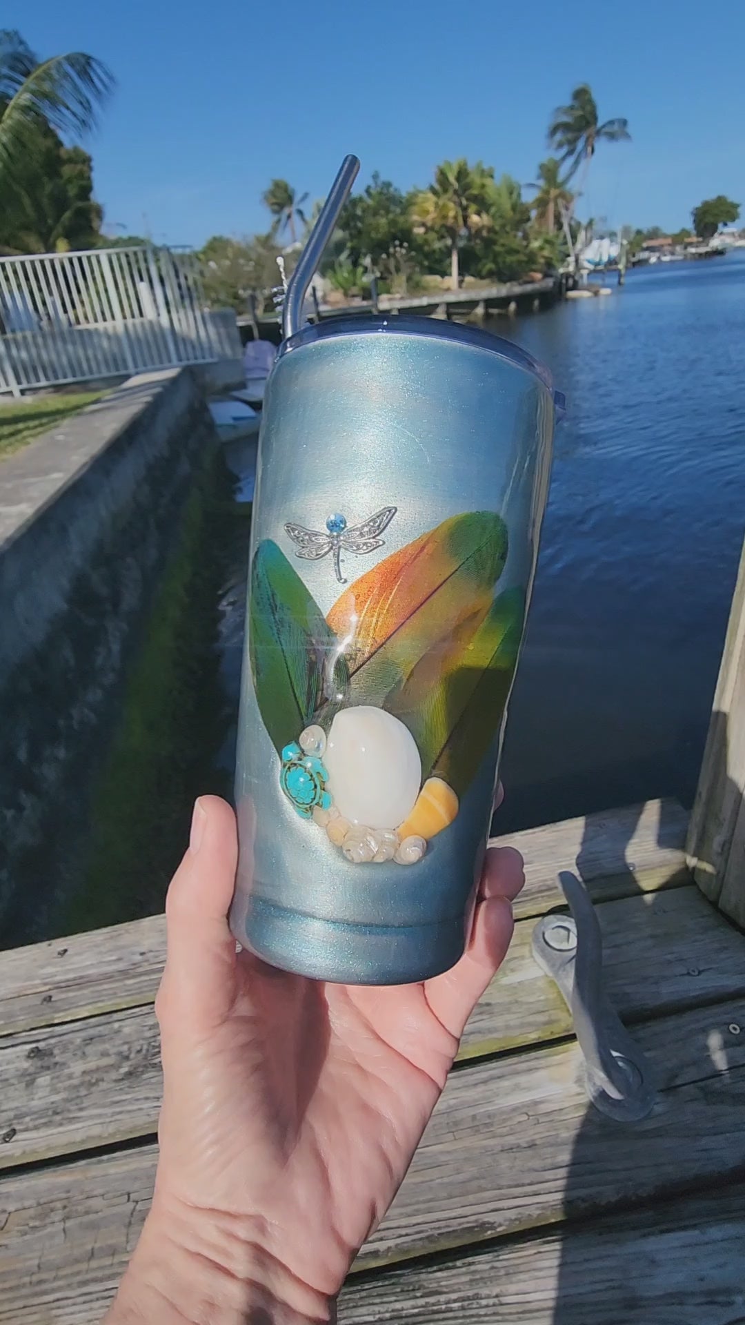 Handmade teal seashell tumbler with feathers and turtle accent, coastal cowgirl 20oz drinkware