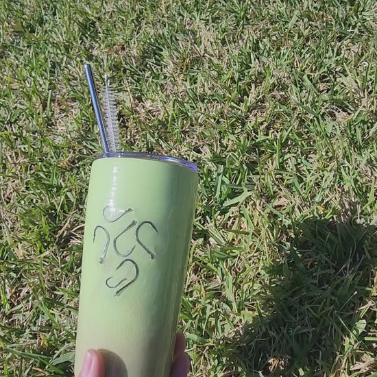 Lime green fish hook tumbler with real sand and epoxy resin, insulated coastal drinkware