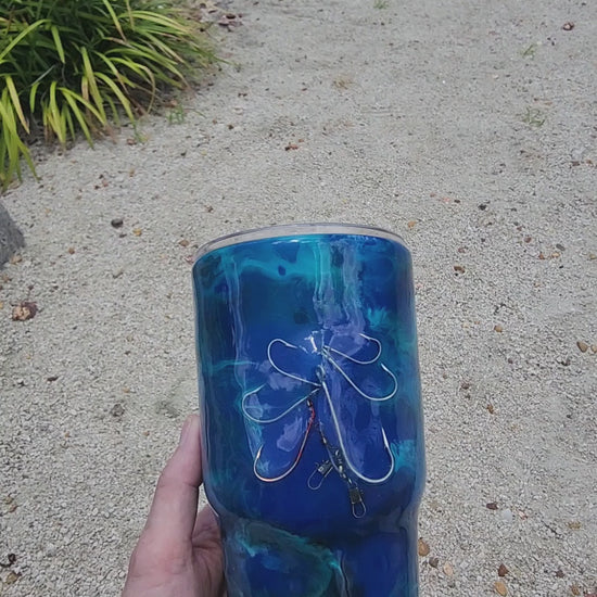 Multiple angles of Blue Open Water Hook & Tumble 30oz tumbler showing ocean blue and teal coastal drinkware handmade in South Florida
