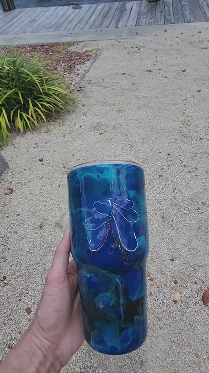 Multiple angles of Blue Open Water Hook & Tumble 30oz tumbler showing ocean blue and teal coastal drinkware handmade in South Florida