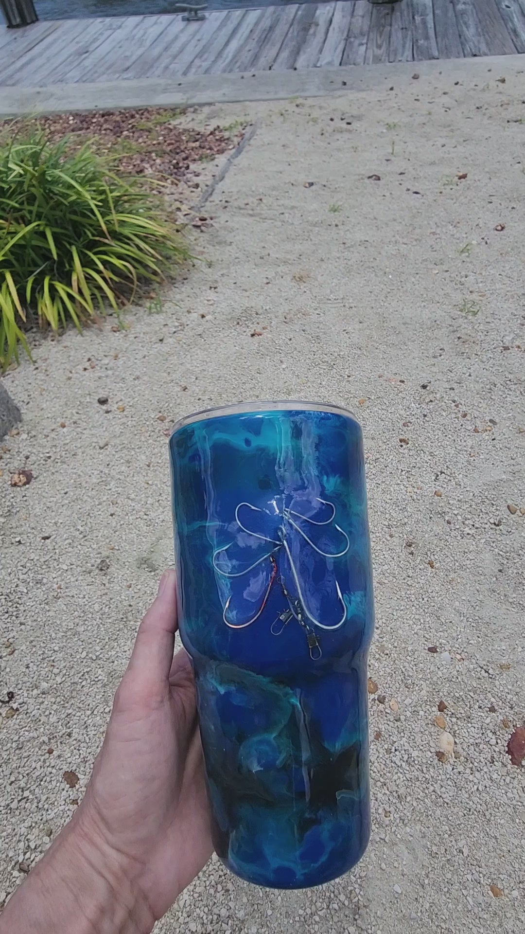 Multiple angles of Blue Open Water Hook & Tumble 30oz tumbler showing ocean blue and teal coastal drinkware handmade in South Florida