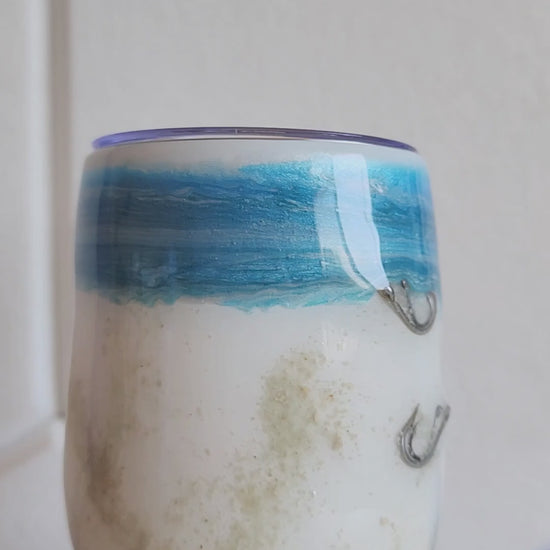  Video Ocean Fade Hook & Tumble™ 12oz wine tumbler on dock – hand-painted blue to white fade with real fishing hooks and sand handmade South Florida