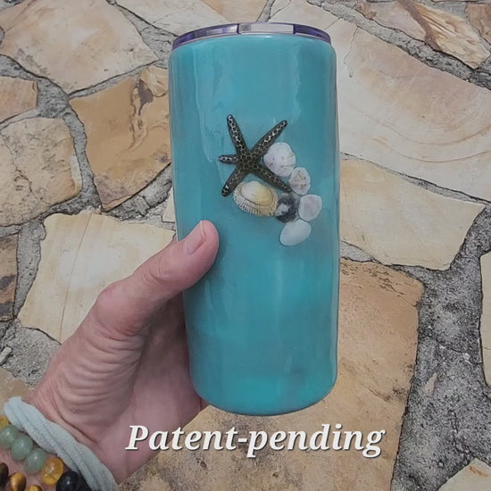 Video of turquoise alcohol ink insulated seashell tumbler, Saltwater Sips