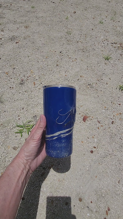 Video of handmade 20oz Blue Ink fishing hook tumbler with real saltwater hooks, barrel swivel and natural raffia, Hook & Tumble coastal drinkware
